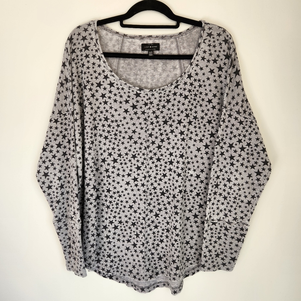 Lucky Brand Long Sleeve Thermal Waffle Knit Top with Star Design Drop Shoulder